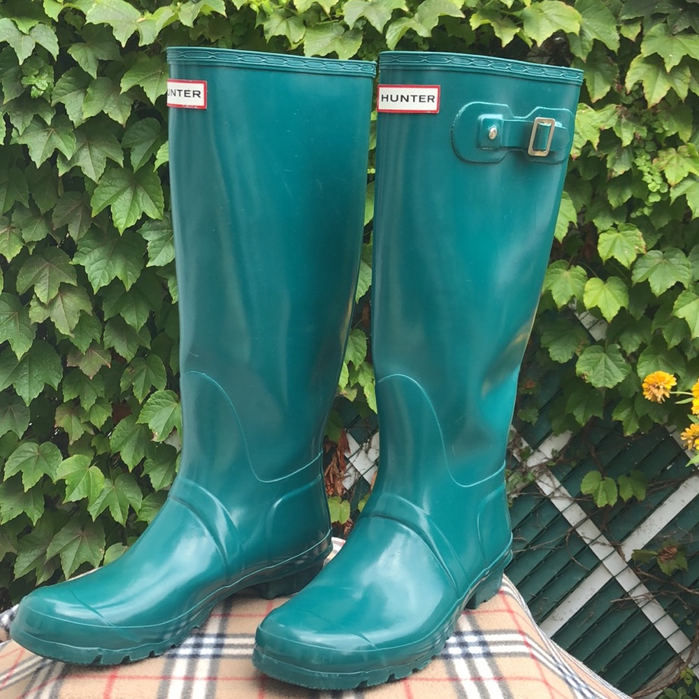 Teal Green Tall Gloss Hunter Rain boots size 10